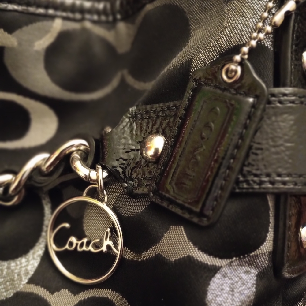 Authentic Coach NWOT black fabric, metallic silver lettering shoulder bag. - Picture 4 of 5